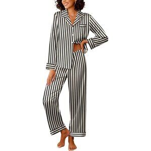 Women Black Silk Satin 2 Piece Sleepwear Pjs Set Long Sleeve Button Down Top